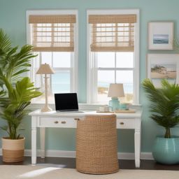 Coastal Home Office - Coastal home office with a breezy color scheme and beach-inspired decor. realistic, professional photography, bokeh, natural lighting, canon lens, shot on dslr 64 megapixels sharp focus