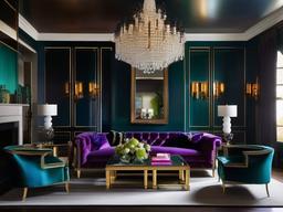 Hollywood Regency living room radiates opulence with jewel-toned velvet furnishings, mirrored side tables, and an oversized chandelier that defines the space with dramatic flair.  