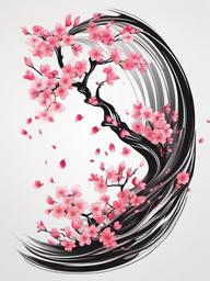 Cherry Blossom Wave Tattoo - Blend the elegance of cherry blossoms with the dynamic flow of waves in a captivating tattoo.  simple vector color tattoo,minimal,white background