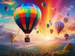 Whimsical hot air balloon, adorned with vibrant colors, floats gracefully over rainbow-filled sky, carrying dreams and hopes to distant horizons. hyperrealistic, intricately detailed, color depth,splash art, concept art, mid shot, sharp focus, dramatic, 2/3 face angle, side light, colorful background