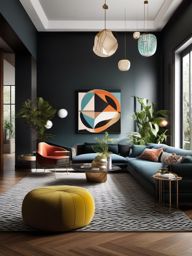 Geometric Modern Retreat - Design a modern living room with geometric patterns and shapes. , living room decor ideas, multicoloured, photo realistic, hyper detail, high resolution,