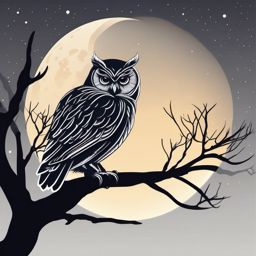 Owl Clipart - Owl perched on a tree branch under the moonlight , minimal, 2d