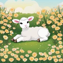 Lamb clipart - lamb lying down in a field of flowers  