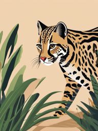 Ocelot in the Wild Clip Art - Ocelot in its natural habitat,  color vector clipart, minimal style