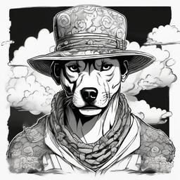 luffy from one piece as a pitbull dog with luffy straw hat with anime clouds at the backround as ink style black and white  ,tattoo design, white background