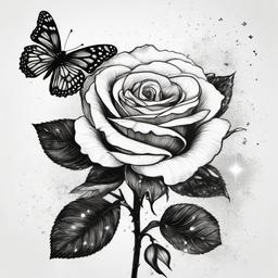 drawing of a rose and butterfly with sparkles  minimal rough sketch scribbles,doodles,black and white