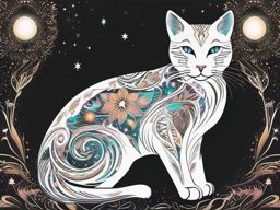 Mystical cat with ethereal patterns, embodying the enigmatic nature of felines and the magical allure of the cosmos.  colored tattoo style, minimalist, white background
