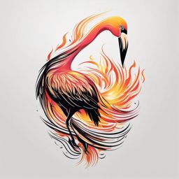 Flamingo tattoo rising from golden, transformative flames, resembling a crow.  color tattoo style, minimalist design, white background