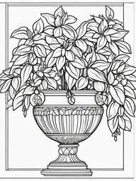 Fuchsia coloring page sheet - Fuchsia flowers hanging from a decorative garden pot.  black outline printable coloring page