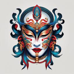 oriental mask tattoo  simple color tattoo,white background,minimal