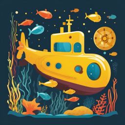 Submarine Clipart - A yellow submarine exploring the deep sea.  color vector clipart, minimal style