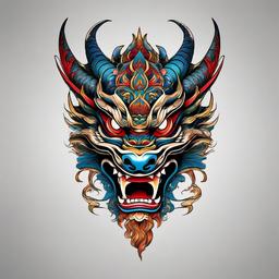 japanese dragon mask tattoo  simple color tattoo,white background,minimal