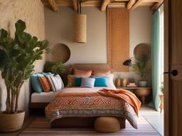 Mediterranean bedroom features textured walls, colorful bedding, and wooden accents that create a relaxed and sunny escape.  