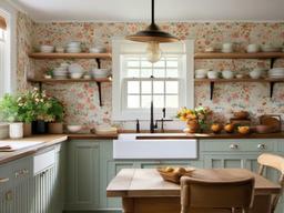 Cottage-style kitchen with open shelving and floral wallpaper.  