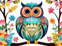 Owl clipart - owl with colorful feathers in a garden  