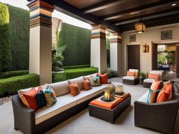 The terrace embraces Egyptian Revival interior design with bold outdoor seating, vibrant decor, and ornamental features, providing a captivating space for gatherings and relaxation.  