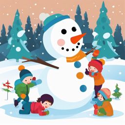 Snowman Building clipart - Kids building a jolly snowman in the yard, ,vector color clipart,minimal