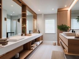 A master bathroom with Japandi interior design incorporates natural wood accents, minimal fixtures, and soothing colors that create a spa-like atmosphere for relaxation and self-care.  