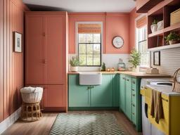 Retro laundry room features colorful cabinetry, playful decor, and vintage-inspired accents that bring a fun and nostalgic vibe to laundry tasks.  