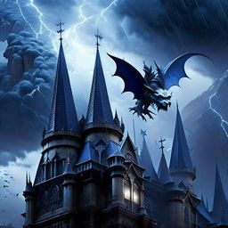 gargoyles coming to life to protect an ancient cathedral during a thunderstorm. 