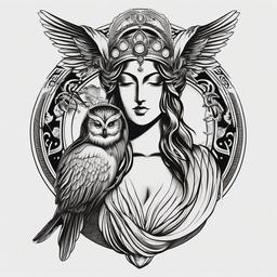 Athena Tattoo - Portray wisdom and strength through an Athena tattoo, featuring the goddess of wisdom often accompanied by an owl.  simple color tattoo design,white background