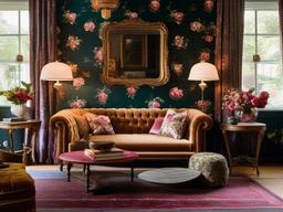 Vintage interior design in the living room features a tufted velvet sofa, antique side tables, and floral-patterned wallpaper that creates a cozy and inviting atmosphere.  