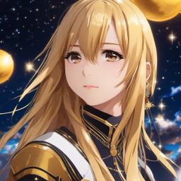 Girl with golden straight hair in a celestial anime festival.  close shot of face, face front facing, profile picture, anime style