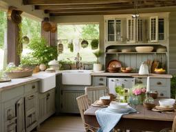 Shabby Chic outdoor kitchen features distressed furniture, soft linens, and vintage decor, offering a cozy and romantic retreat for outdoor cooking.  