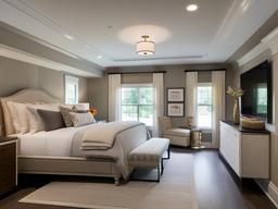 Transitional bedroom blends contemporary and traditional elements with neutral colors, layered textures, and comfortable furnishings for a balanced design.  