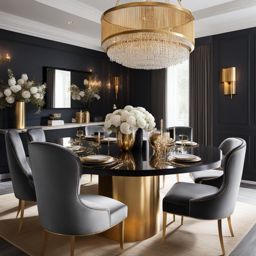 chic and luxurious dining room with velvet dining chairs and gold accents. 