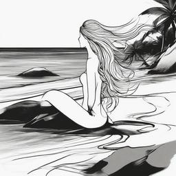 drawing of a mermaid at a beach  minimal rough sketch scribbles,doodles,black and white