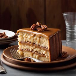 triple-layered caramel cake with pecans, indulged at a southern-style barbecue feast. 