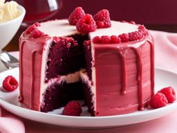 red raspberry velvet cake with raspberry cream cheese icing, relished at a romantic date. 