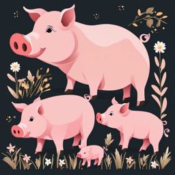 Pig and Piglet clipart - Mother pig with her piglets, ,vector color clipart,minimal