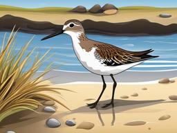 Sandpiper Cartoon - Cartoon of sandpiper wading on shore  