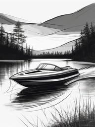 drawing of a speedboat on a lake  minimal rough sketch scribbles,doodles,black and white