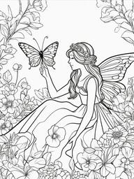 Fairy with a Rainbow Butterfly Coloring Pages - Fairy Playing with a Rainbow-Colored Butterfly  minimal black outline printable sheet, coloring page