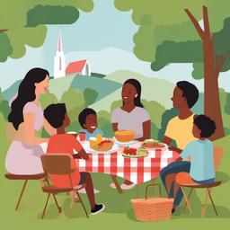 Church clipart - church picnic with families enjoying food  color,minimalist,vector clipart