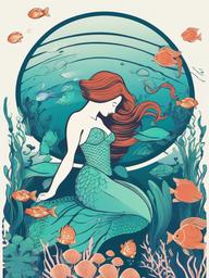 Mermaid clipart - mermaid surrounded by sea turtles and fish  color,minimalist,vector clipart