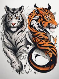 Dragon Tiger Tattoo - Tattoos featuring both dragons and tigers, symbolizing power and strength.  simple color tattoo,minimalist,white background