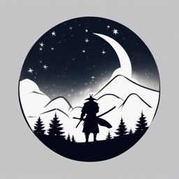 Nomad samurai tattoo against a starry night sky, symbolizing wisdom.  color tattoo,minimalist,white background