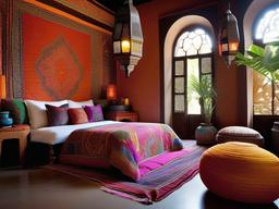 Moroccan bedroom dazzles with vibrant textiles, intricate lanterns, and comfortable seating that create an exotic and inviting space.  