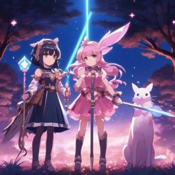 Kawaii magical girl and magical girl companion, with talking animal companions, using magical staffs to protect the world from dark forces, as a matching pfp for friends. wide shot, cool anime color style