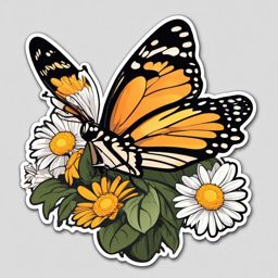 Butterfly and Daisies Sticker - Butterfly resting on daisies, ,vector color sticker art,minimal