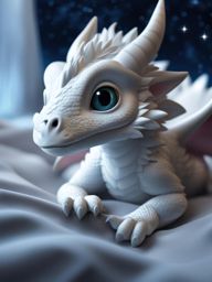 baby white dragon with big eyes laying on a soft bed looking at the stars, 8k, hyper realistic, cinematic 