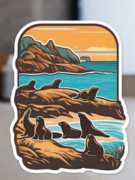 Sea Lion Colony Sticker - A bustling colony of sea lions on the beach, ,vector color sticker art,minimal