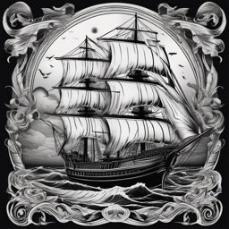 A ghostly ship sails, leaving a death's voyage mark in the tattoo.  black and white tattoo style