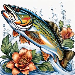 Brook Trout Tattoo,a detailed tattoo celebrating the beauty of brook trout, a symbol of freshwater allure. , tattoo design, white clean background