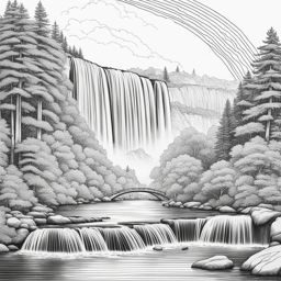 rainbow coloring pages - a double rainbow appears over a serene waterfall. 