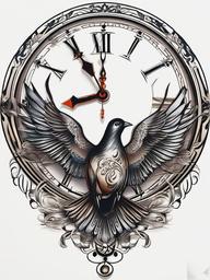 Clock Dove Tattoo-Unique and symbolic tattoo featuring a combination of a clock and a dove, showcasing creative design elements.  simple color tattoo,white background